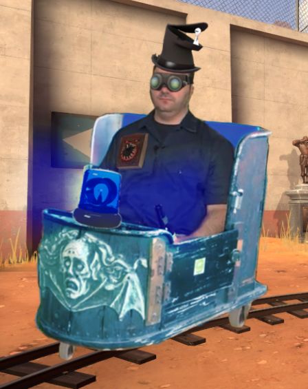 Mike Stoklasa inside a haunted house ride cart, edited to be a F2P player of Team Fortress 2.
