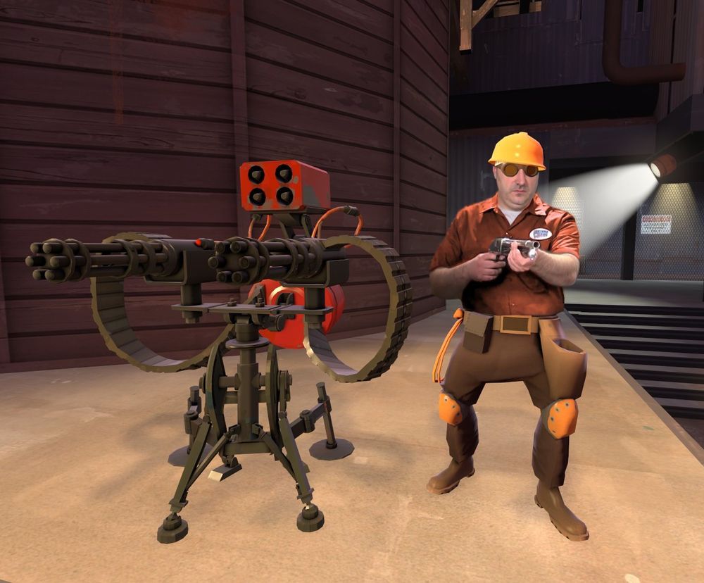 A picture of Mike Stoklasa carrying a prop shotgun, edited to look like he is the Engineer character of Team Fortress 2.