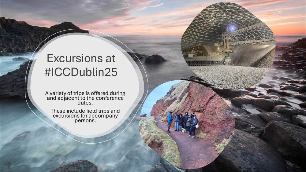 Images representing all three fieldtrips.
Text in centre reads - Excursions at #ICCDublin25, A variety of trips is offered during and adjacent to the conference dates.
These include field trips and excursions for accompany persons.
