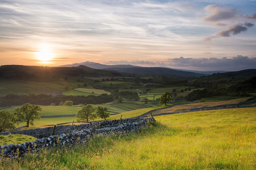 Scenic view of a countryside landscape at sunset, featuring rolling green fields divided by stone walls, scattered trees, and distant hills under a partly cloudy sky with a golden sun near the horizon.