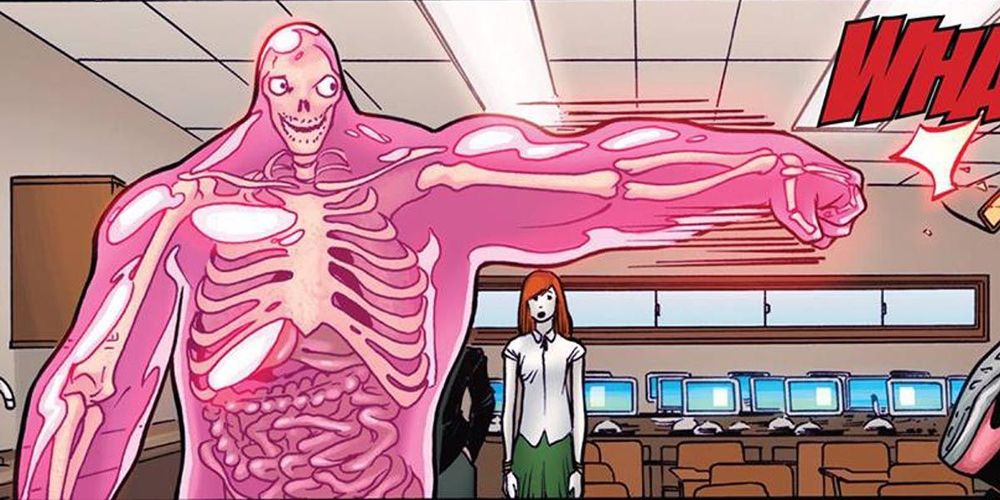 X-Men character Glob Herman, a skeleton and eyes floating in a transparent pink glob-like body, punching someone.