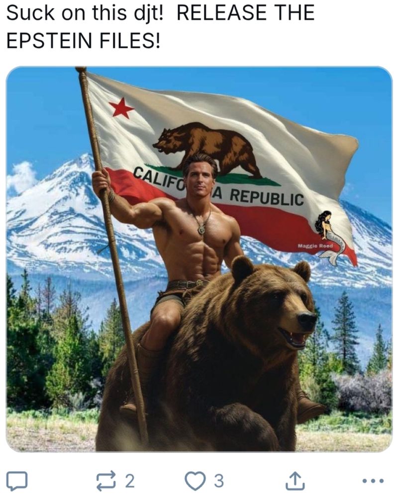 The top retweet on the timeline of an obnoxious account I blocked, featuring the AI nightmare fuel of a buff shirtless Gavin Newsom riding a bear and waving a California flag, accompanied, of course, by "Suck on this djt! RELEASE THE EPSTEIN FILES!"