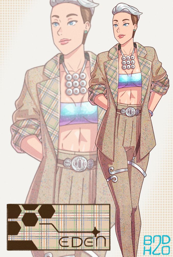 Lexy in a loose Eden pantsuit. The pants are pleated and high waisted and the jacket has the sleeves rolled up. The fabric is Eden's signature neutral funfetti speckle and the lapels and lining are patterned in a custom Eden tartan check that I designed. She's also wearing some silver accessories and a colorshifting sparkly blue strapless top.