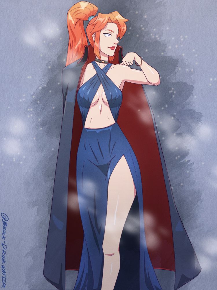 Skye shrugging off her cape. Underneath she's wearing a blue velvet dress.