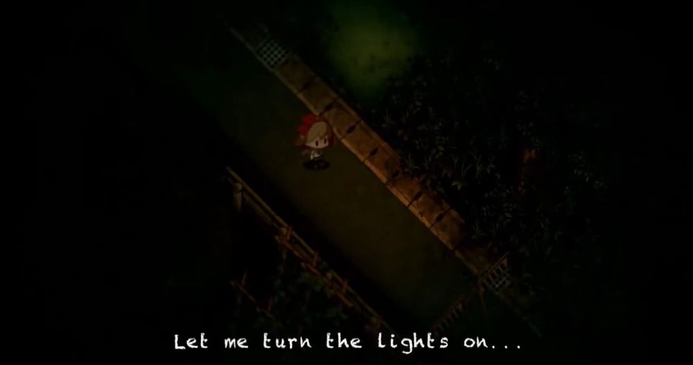 an early screen in Yomawari: Night Alone, right before the protagonist turns on their flashlight in the middle of the night