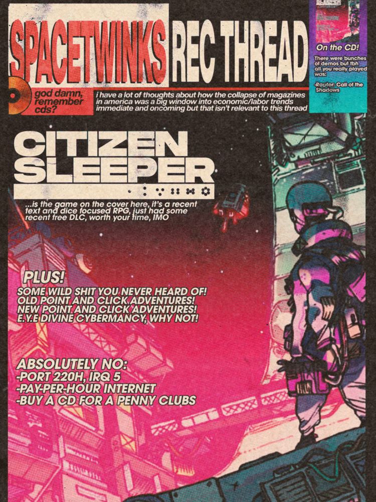 a fake version of an old PC Gamer cover, edited to say SPACETWINKS REC THREAD, featuring Citizen Sleeper art