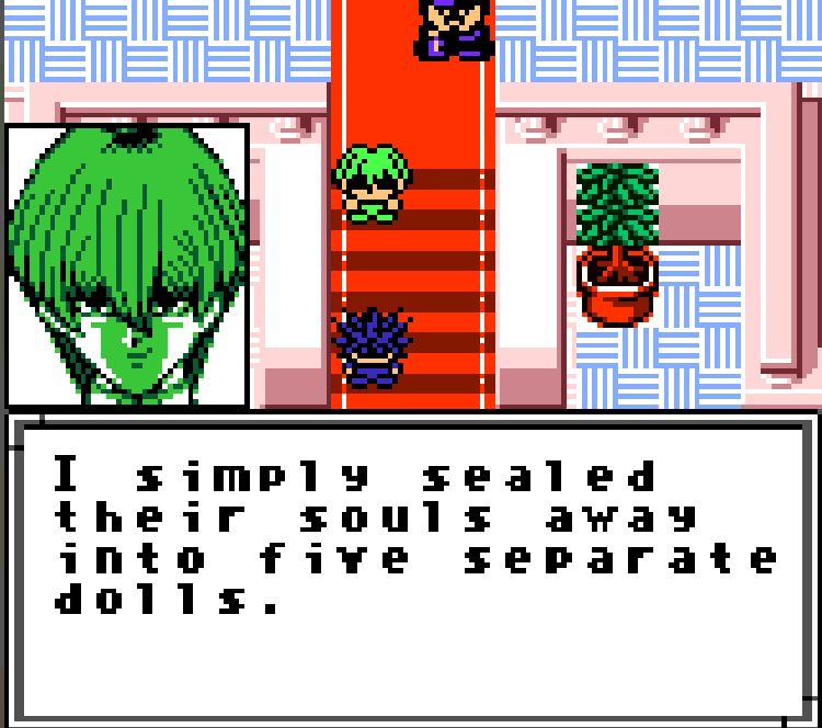 a screenshot of the Capsule Monsters gameboy game, with Kaiba saying "I simply sealed their souls away into five separate dolls."