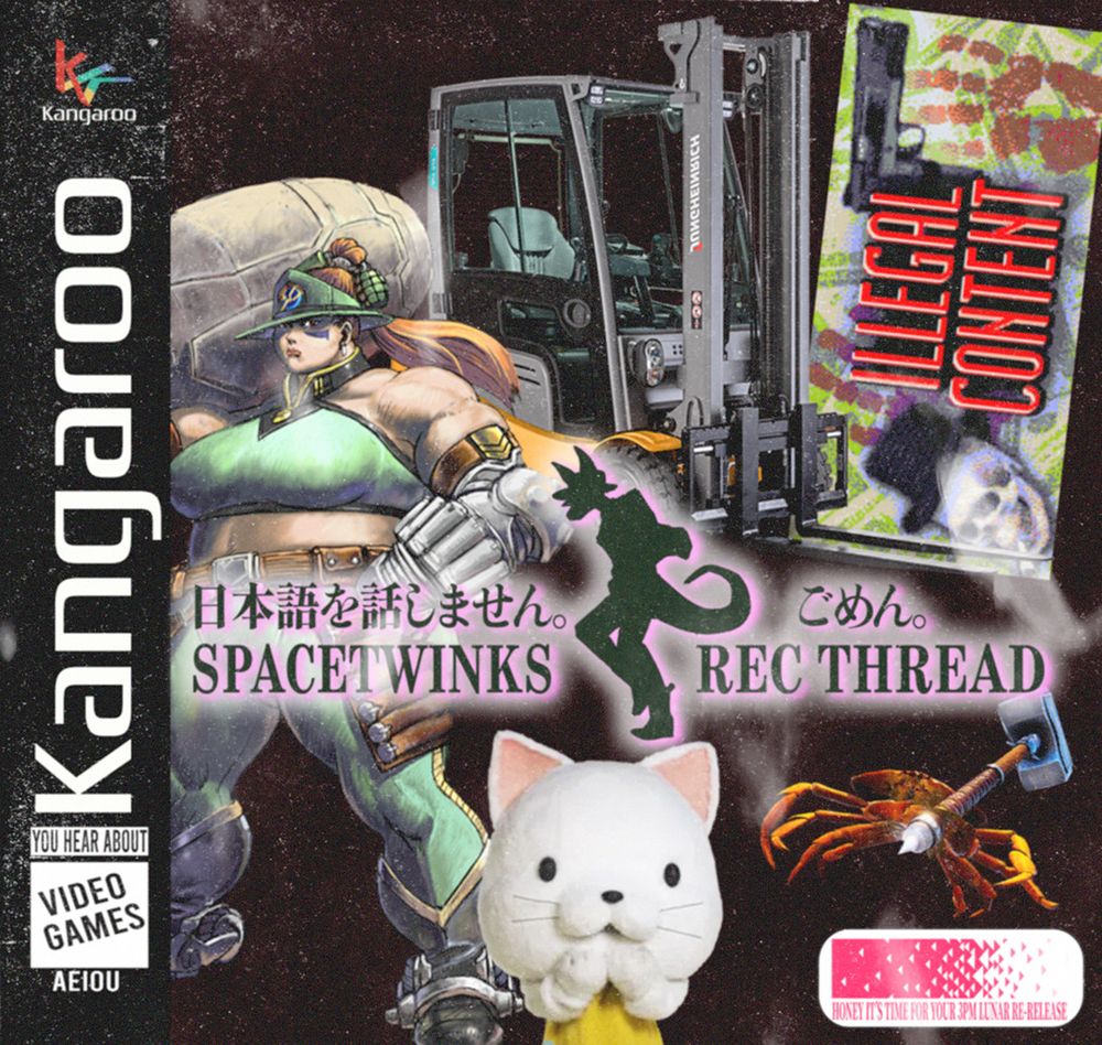 an edited PS1 game cover, based around Elemental Gearbolt. 'Playstation' on the side has been replaced by 'Kangaroo', and the ESRB rating is now "YOU HEAR ABOUT VIDEO GAMES" with "AEIOU" underneath.

on the box art is "SPACETWINKS REC THREAD" with a black silhouette of my fursona, a kangaroo, in the middle, and japanese text above it that says "I don't speak Japanese. Sorry." behind this is doris from wild guns reloaded, tama from 428 shibuya scramble, the ILLEGAL CONTENT banner from hypnospace outlaw, a crab wielding a hammer from fight crab, and an actual forklift.

at the bottom right is the working designs logo, but it says "HONEY IT'S TIME FOR YOUR 3PM LUNAR RE-RELEASE"