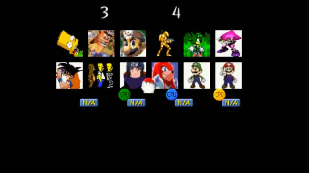 a homebrew smash bros knock off for the PSP. the character select menu features characters ranging from bart simpson to itachi uchiha