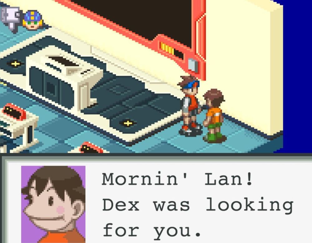 a screenshot of mega man battle network, with an NPC saying "Mornin' Lan! Dex was looking for you."