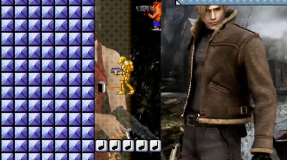 one of those clone wars droids versus crash bandicoot on a stage scape with resident evil 4 character renders as the background