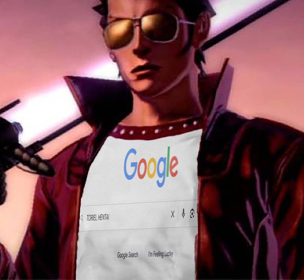 an edited screenshot of Travis Touchdown from No More Heroes with a t-shirt displaying a google search for TORIEL HENTAI