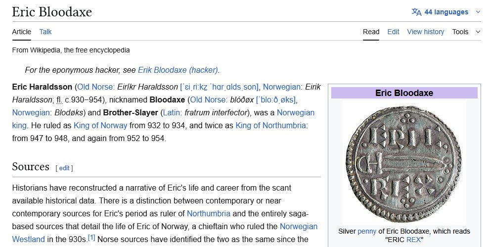 a screenshot of the wikipedia page for Eric Bloodaxe, the king of Norway from 932 to 934