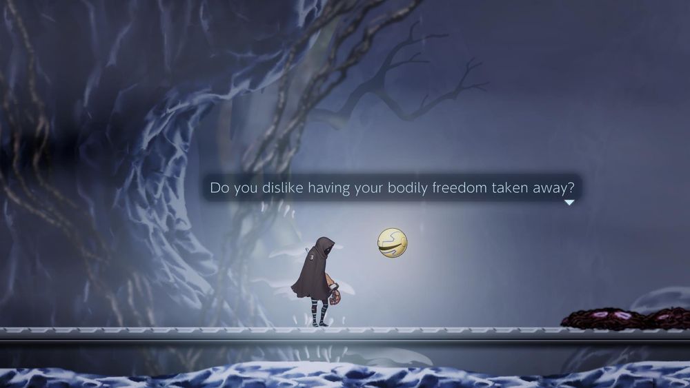 a screenshot of shadow labyrinth, featuring the yellow PUCK saying "Do you dislike having your bodily freedom taken away?"