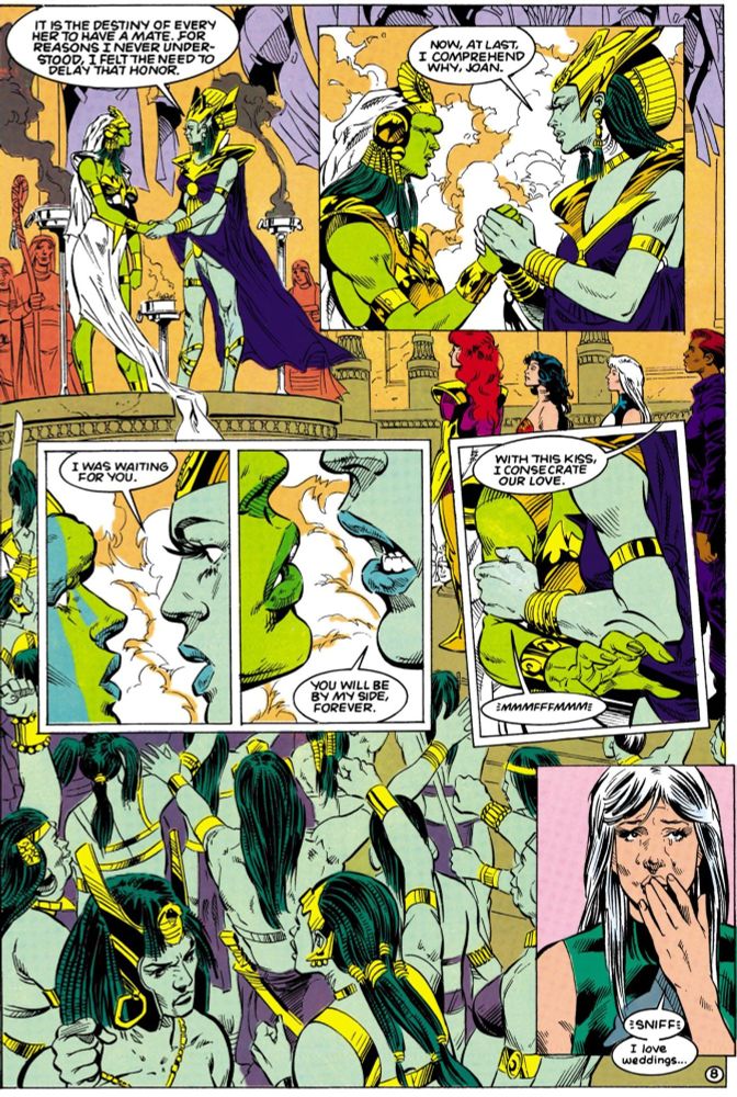 A page from Justice League Task Force #8, showing Martian Manhunter in a feminine form (calling herself 