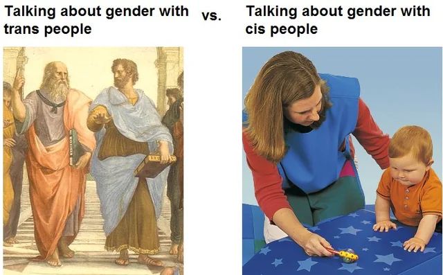A meme showing two images. The image on the left is labelled "Talking about gender with trans people" and depicts two classical philosophers having a discussion. The image on the right is labelled "Talking about gender with cis people" and depicts an adult woman showing a child a toy.