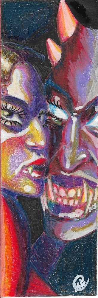 Color pencil illustration with a girl and a demon in the dark