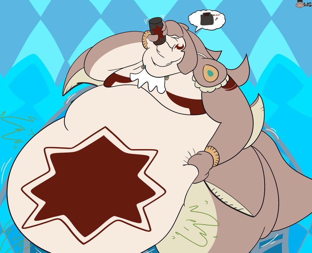 Wes Wave chugging a gainer shake, thinking about the pounds packed on from it all, while that noisy gut makes all that noise from the shake alone~