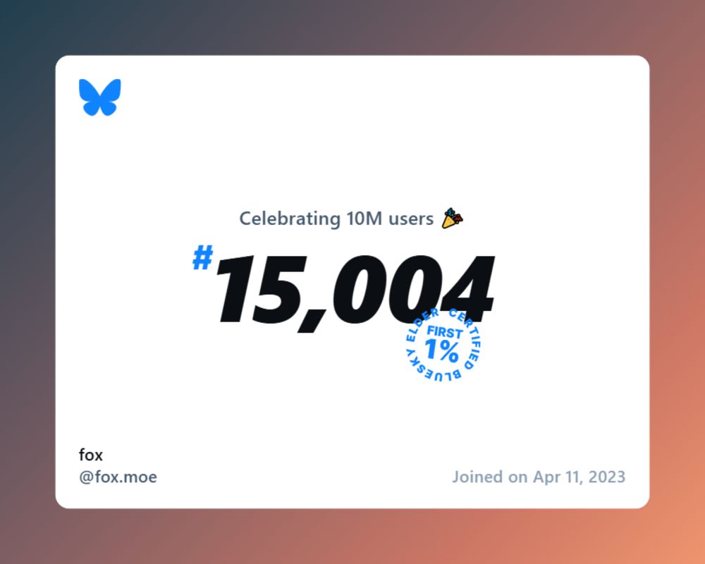 A virtual certificate with text "Celebrating 10M users on Bluesky, #15,004, fox ‪@fox.moe‬, joined on Apr 11, 2023"
