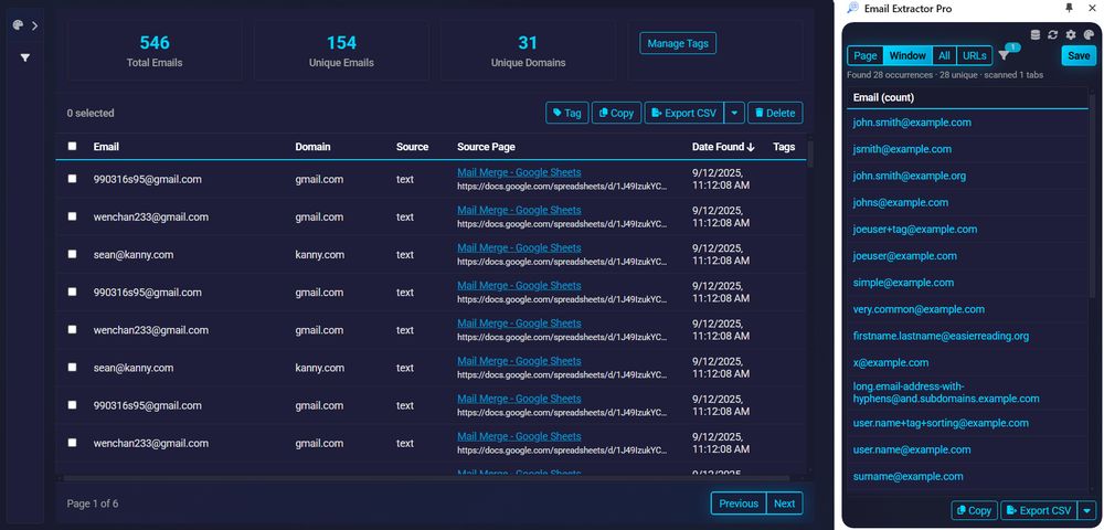 Email Extractor Pro - professional email search with side panel, auto-collect, multi-page search, and context-rich CSV/TXT export