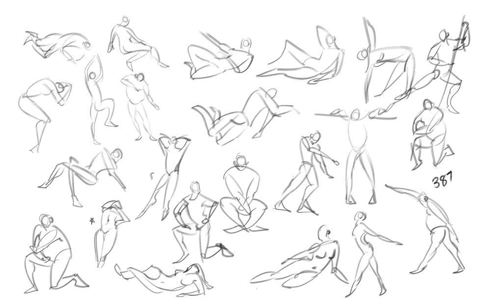 23 figure drawings of various poses in a pencil-textured digital pen. the number on the right side of the canvas reads 387. the poses are made up of few lines and simple shapes.