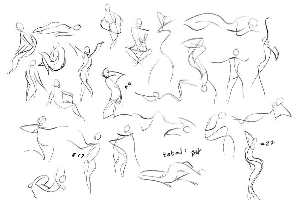 figure sketches showing motion lines that look like wiggly stick figures, some of them are numbered and many of them are posed dynamically. the lines are very abstract