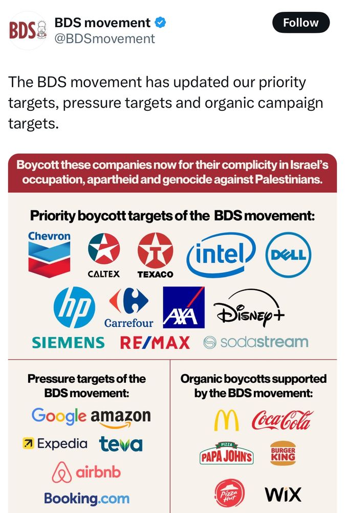The image is a graphic shared by the BDS (Boycott, Divestment, Sanctions) movement. It announces updated priority boycott targets, pressure targets, and organic campaign targets. The graphic is divided into three sections:
	1.	Priority boycott targets of the BDS movement: Includes logos of companies such as Chevron, Caltex, Texaco, Intel, Dell, HP, Carrefour, AXA, Siemens, RE/MAX, Disney+, and SodaStream.
	2.	Pressure targets of the BDS movement: Includes logos of Google, Amazon, Expedia, Teva, Airbnb, and Booking.com.
	3.	Organic boycotts supported by the BDS movement: Includes logos of McDonald’s, Coca-Cola, Papa John’s, Burger King, Pizza Hut, and Wix.

The header states: “Boycott these companies now for their complicity in Israel’s occupation, apartheid, and genocide against Palestinians.”