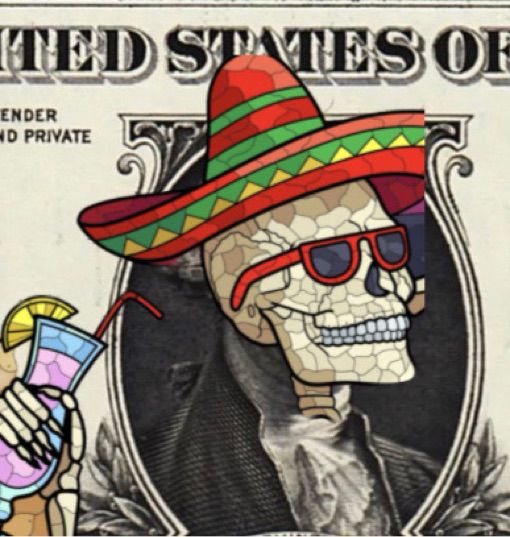a picture of the posteign king’s skellyman profile picture and his margarita photoshopped over george washington as seen on the one dollar bill