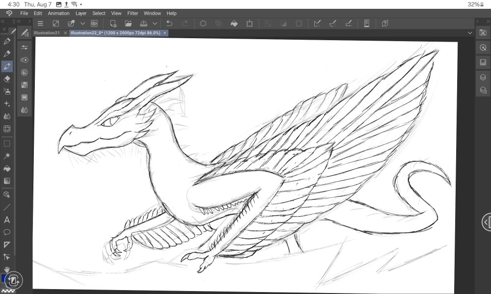 Black and White sketch of a feathered wyvern type dragon