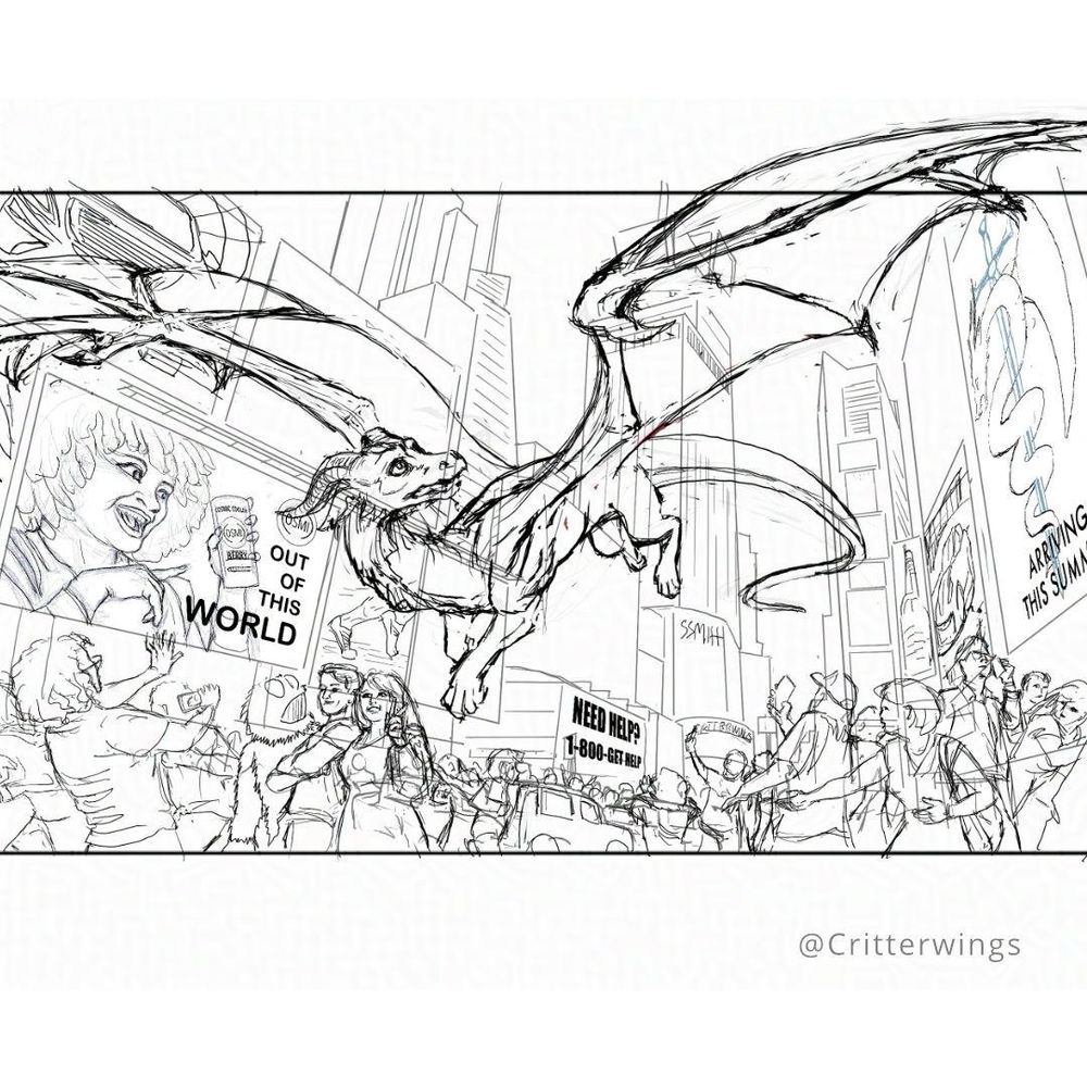 Detailed digital sketch of a confused dragon flying through Times Square, as a crowd reacts 