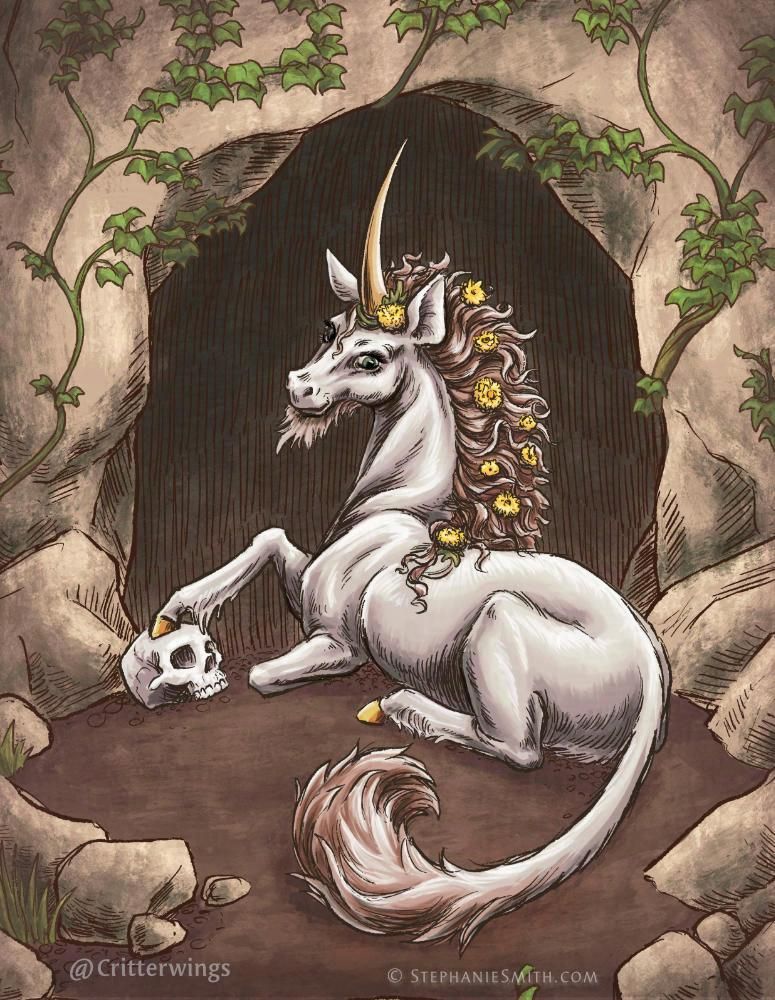 Digital watercolor and ink painting of a graceful white unicorn with yellow flowers in its mane, sitting in front of a rocky cave, with one hoof resting on a human skull. 