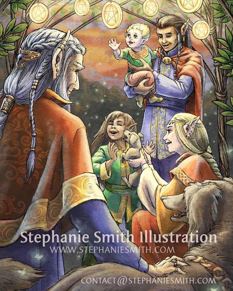 Ink and watercolor style painting of a multi-generational group of happy elves including an elderly man and two children, wearing elaborate robes and playing with a dog and puppy under a leafy sructure decorated with glowing discs, at dusk. 