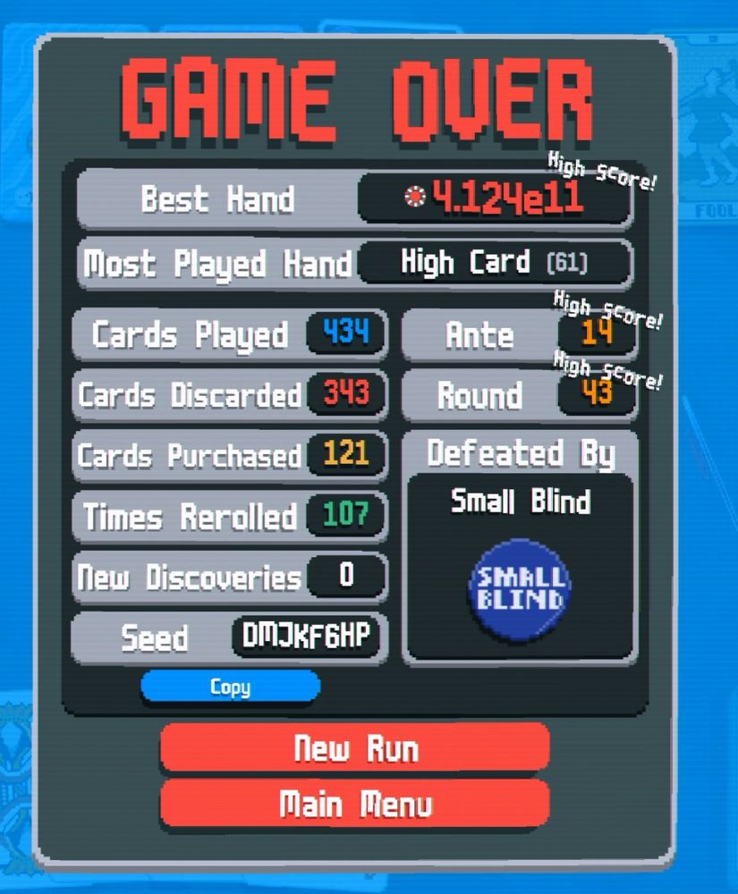 Screenshot of Balatro end screen stats showing new high score. 