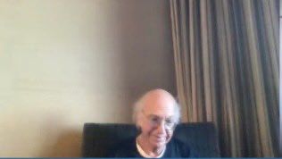 Blurry image of Larry David from a Zoom call