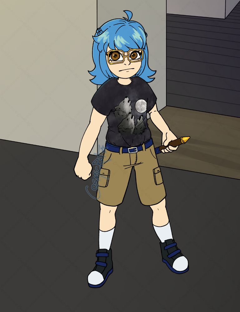 digital drawing of a young blue haired girl wearing glasses and a shirt with 3 howling wolfs on it, the outfit styled after the smosh character "chosen". She is holding a wand in  her hand in place of a sword.
