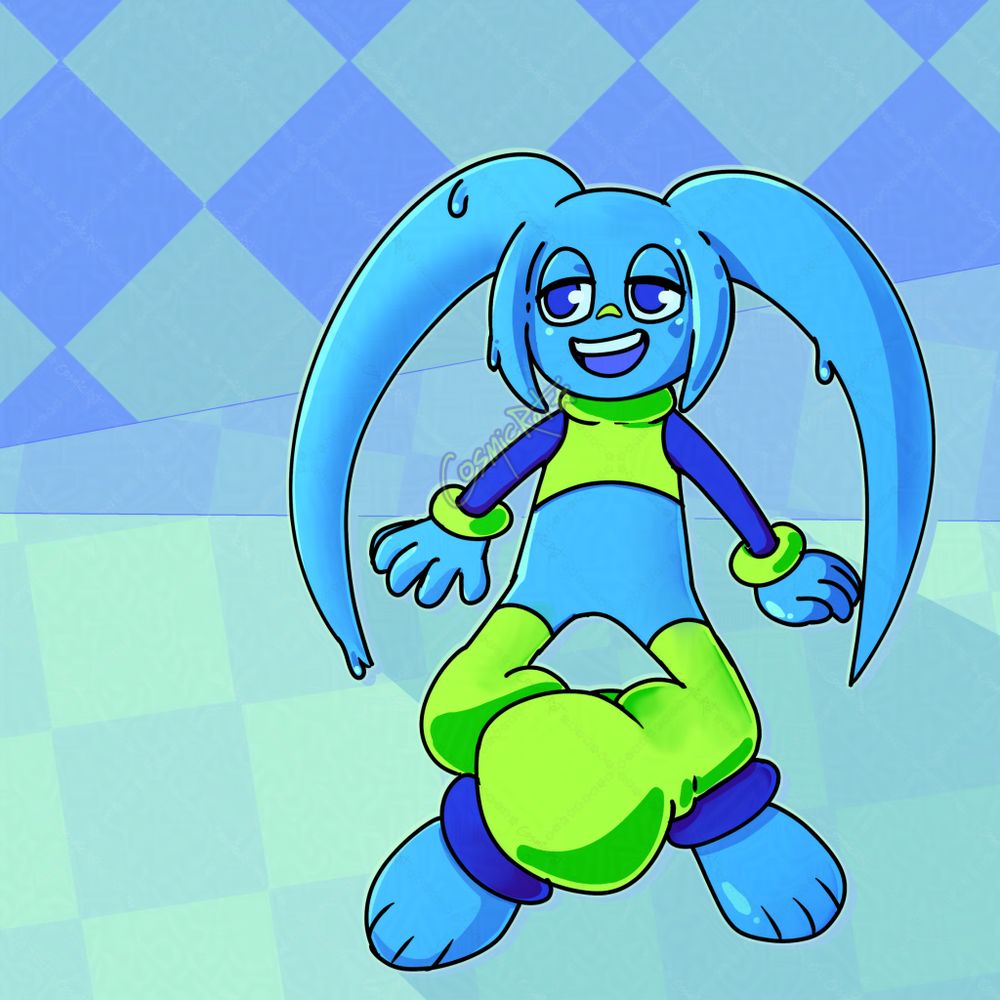 Digital drawing of a slime alien sitting on the ground and relaxing with a big grin and half lidded eyes. They have large ear-like tendrils on their head and are wearing a 2000's inspired neon outfit.