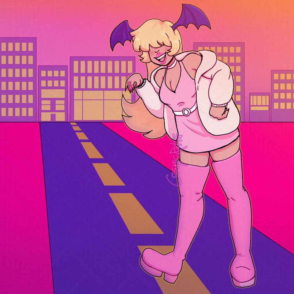 Digital drawing of a vampire lady with a pink and white outfit, long blonde hair with bangs that cover her eyes, and purple wings sticking out of her head, posing on a brightly colored pink, purple, and yellow street. She has an open mouth smile.