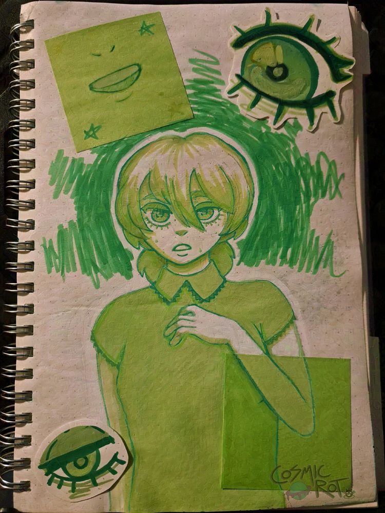 Traditional mixed media drawing in various shades of green depicting an androgynous character with acne. They look zoned out and have a hand on their chest. There are sticky notes on the left and right, and drawn eyes pasted on opposite sides. 
