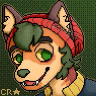 A pixel art icon of an anthro dog wearing a beanie and jacket. They're smiling and have green tufts of hair peaking out.