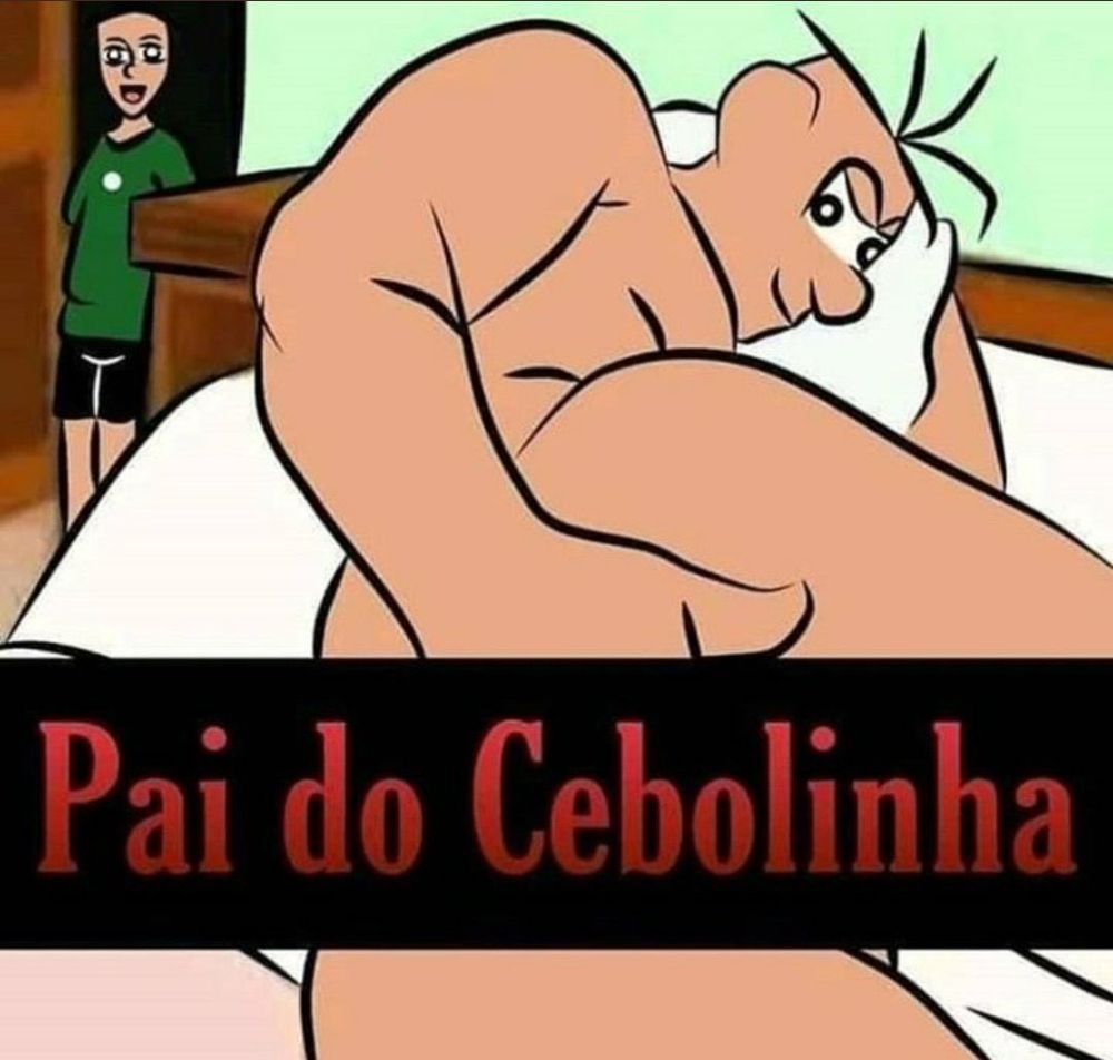 o cebolinha na porta com uma cara não muito legal
e o pai do cebolinha tomando frente da imagem com muita depressão e as seguintes coisas escritas na frente de seu órgão reprodutor
Pai do Cebolinha