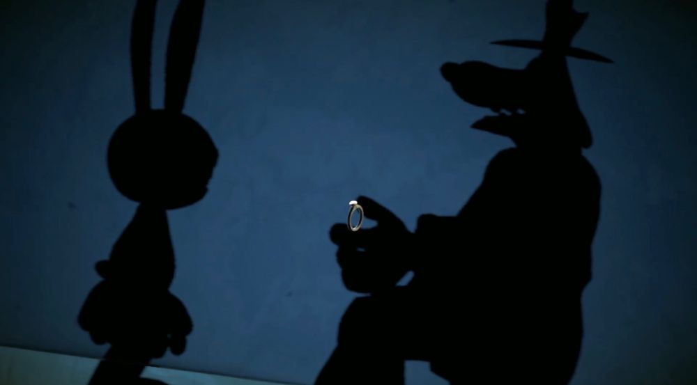 Still from a dream sequence in “The Penal Zone” where a shadow of Sam proposes making a shadow of Max the happiest rabbity thing in the world