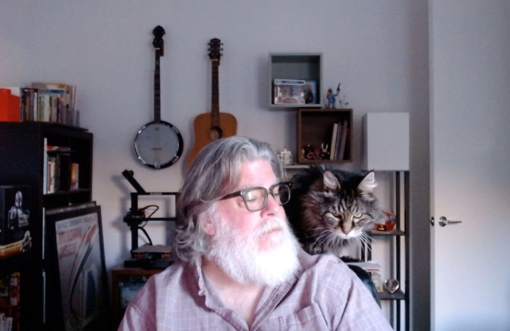 Webcam shot of me at my desk with my cat standing on the back of the chair and my shoulder