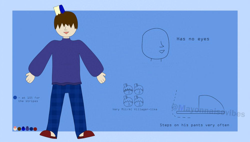 Reference sheet for a character with his eyes covered by hair with only his mouth and nose visible. Atop his head is an upside down jar of mayonnaise with its lid leaning on it. He is also wearing a poofy dark blue shirt and plaid blue pajama pants. Underneath that is a pair of red slippers. This character is my Sona; This is Me. For the safety of my art not being scraped by AI, this art has been Glazed.