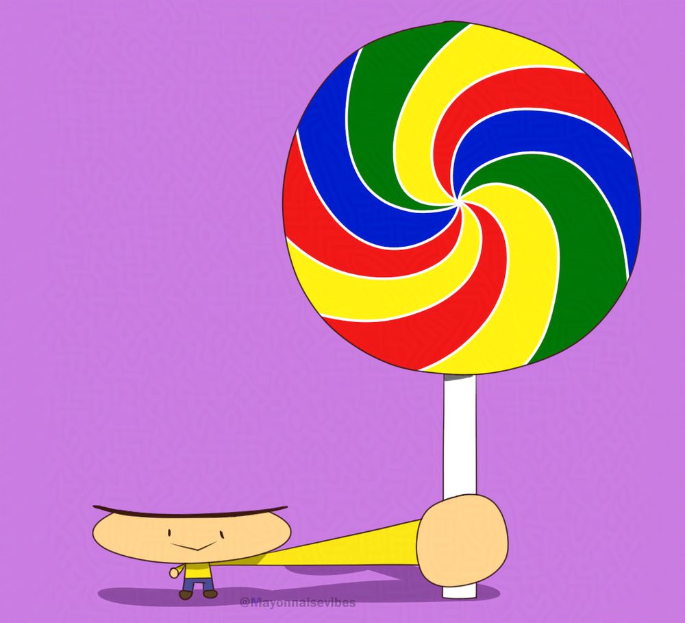 @derpyjackarts.bsky.social s character cartoonishly squished down while also cartoonishy stretching out his hand to hold a huge, colorful, spiral lollipop. For the safety of my art not being scraped by AI, this art has been Glazed.