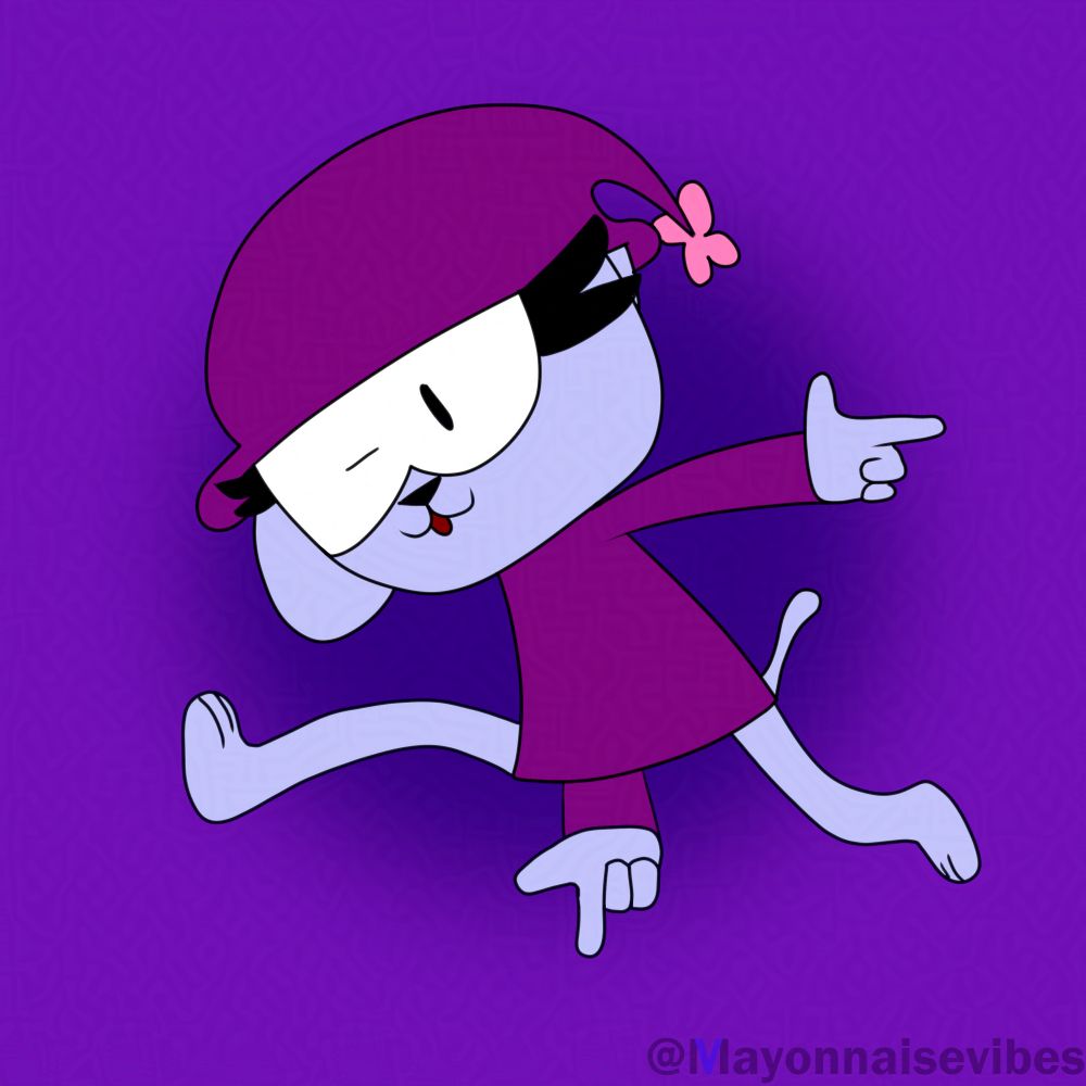 Anthropomorphic periwinkle cat with purple clothing and a purple beanie-like hat with a pink poof on the end hitting the sonic adventure pose. For the safety of my art not being scraped by AI, this art has been Glazed.