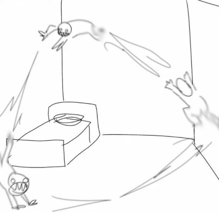 Drawing (not mine) of a character running around the room and on the walls like a feral animal