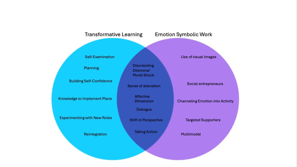 Venn diagram of transformative learning theory (TLT, in blue circle) and emotion symbolic work (ESW, in pink circle), showing joined purple area. The TLT section includes self-examination, planning, building self-confidence, knowledge to implement plans, experimenting with new roles, and reintegration. The ESW section includes use of visual images, social entrepreneurs, channeling emotion into activity, targeted supporters, and multimodal. The middle section includes disorienting dilemma/moral shock, sense of alienation, affective dimension, dialogue, shift in perception, and taking action.
