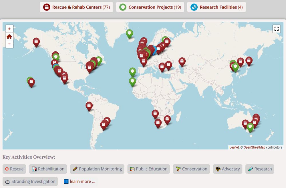 Screenshot of a worldmap with dots marked along the coasts in three different colors: red for rescue & rehab centers, green for conservation projects, blue for research facilities. There is a little key explaining the activities of each facility.