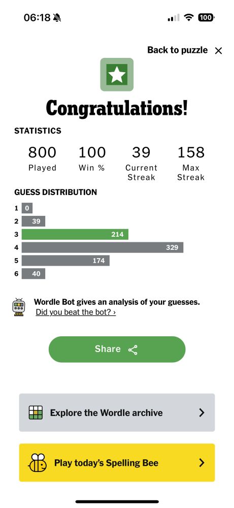 Wordle score showing 800 played, 100% win rate.