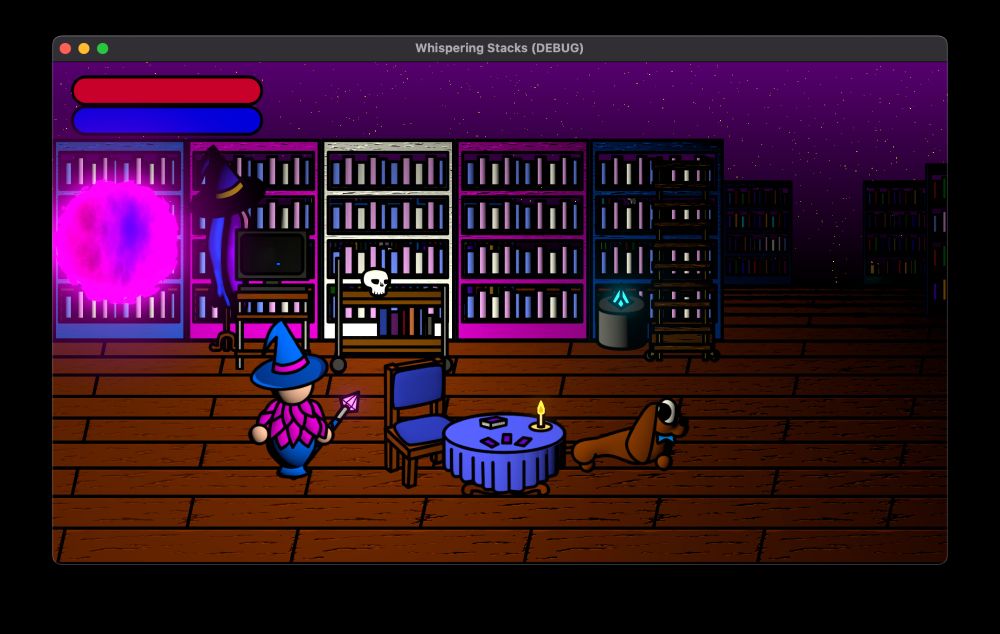 A wizard dressed in pink and blue in a pink, white, and blue library